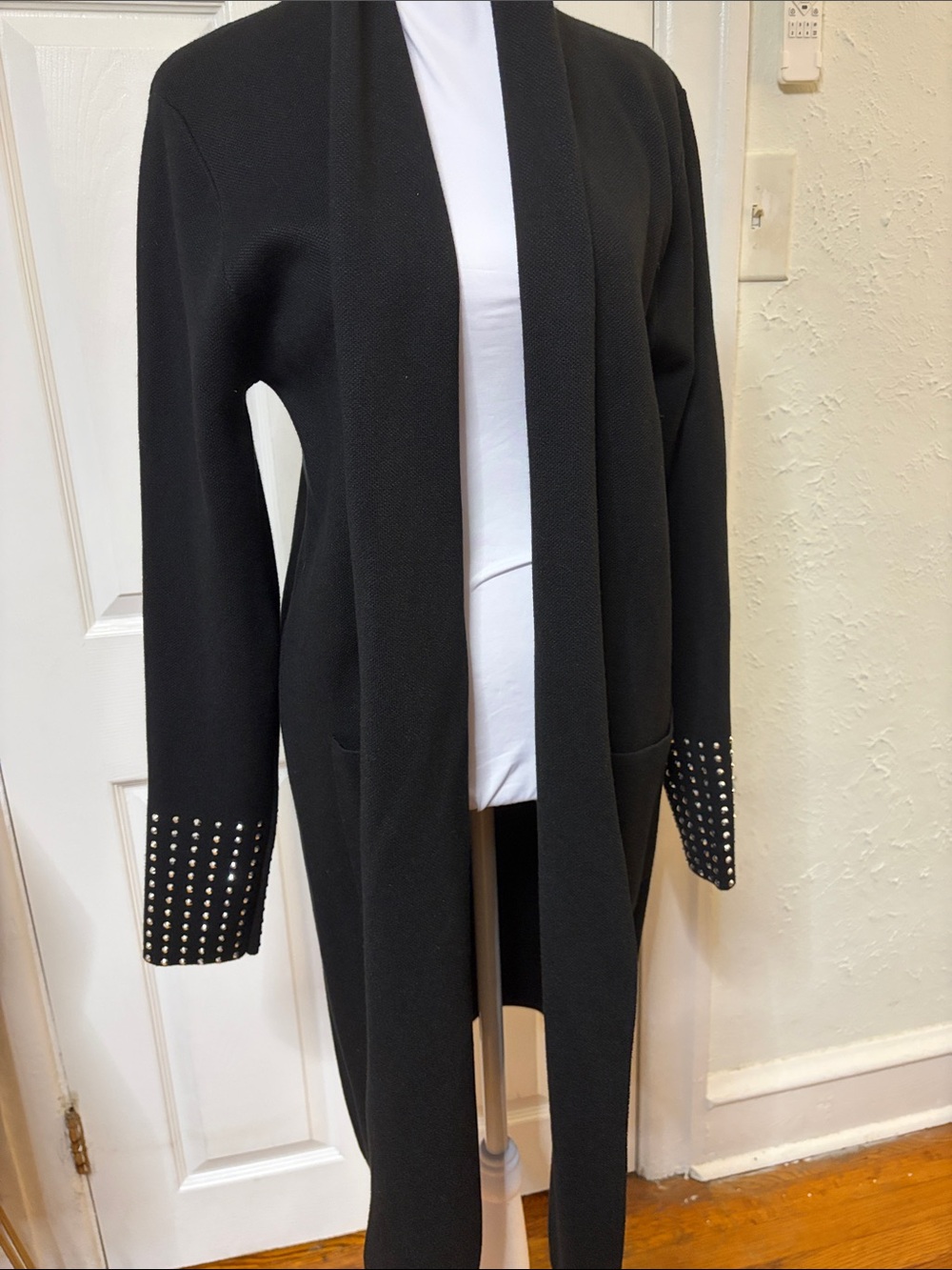 Sioni Black Open-Front Long Cardigan with Studded Cuffs